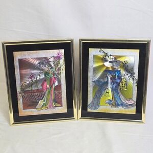 Set of 2 Vtg Manifestations Inc Optical Illusionary Foil Art Geishas 8" x 10"